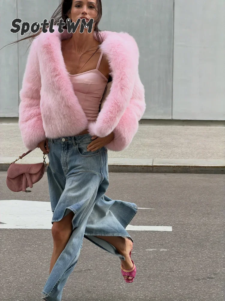 Women Pink Faux Fur Cropped Shawl Jacket Women's Round Collar Full Sleeve Short Fuzzy Coat 2026 Winter New Fashion Lady Outfits