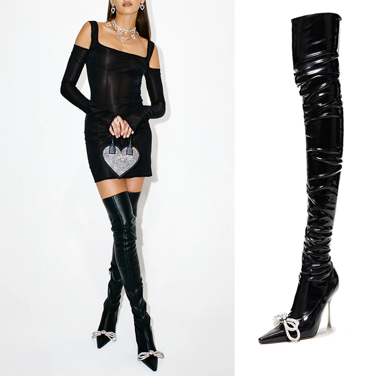 

Luxury Rhinestone Bow Over The Knee Boots Brand Design Pointed Thin Heel Sleeve Fashion Boots Large Size Sexy Women's Boots