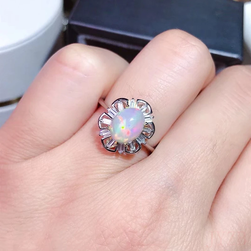 Natural opal woman rings change fire color mysterious 925 silver adjustable size 7x9mm