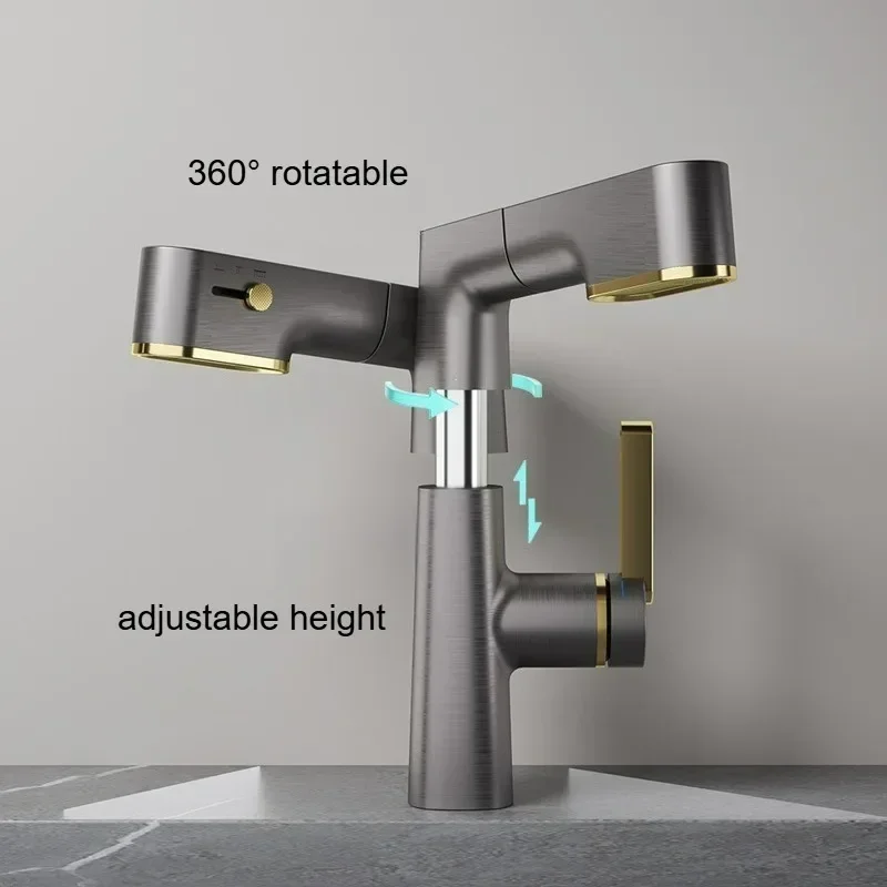 Multifunctional All Copper Bathroom Faucet Pull out Basin Mixer Sink with Adjustable Cold And Hot Water Shower Head