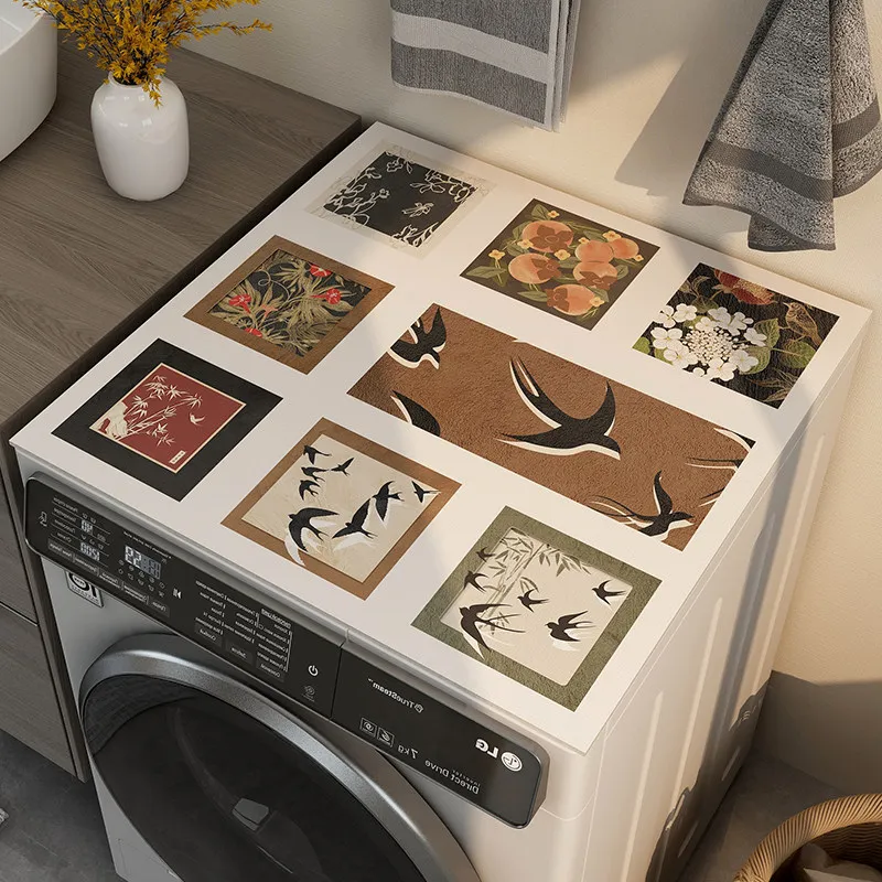 VIKAMA New Chinese Style Floral Collage Washing Machine Cover Pad Dirt-Resistant Drum Washing Machine Dust-Proof Pad Indoor Rug