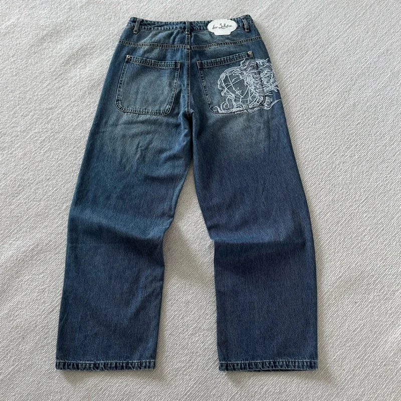 

New High-quality Men's Streetwear Brand Derschutze Jeans Loose Straight Cut Embroidered Prints