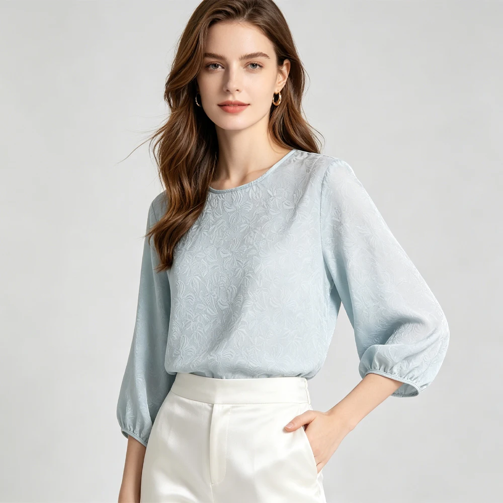 Women's Casual Summer New 100% Natural Mulberry Silk Twisted Round Neck Loose Temperament Three-quarter Lantern Sleeve T-shirt