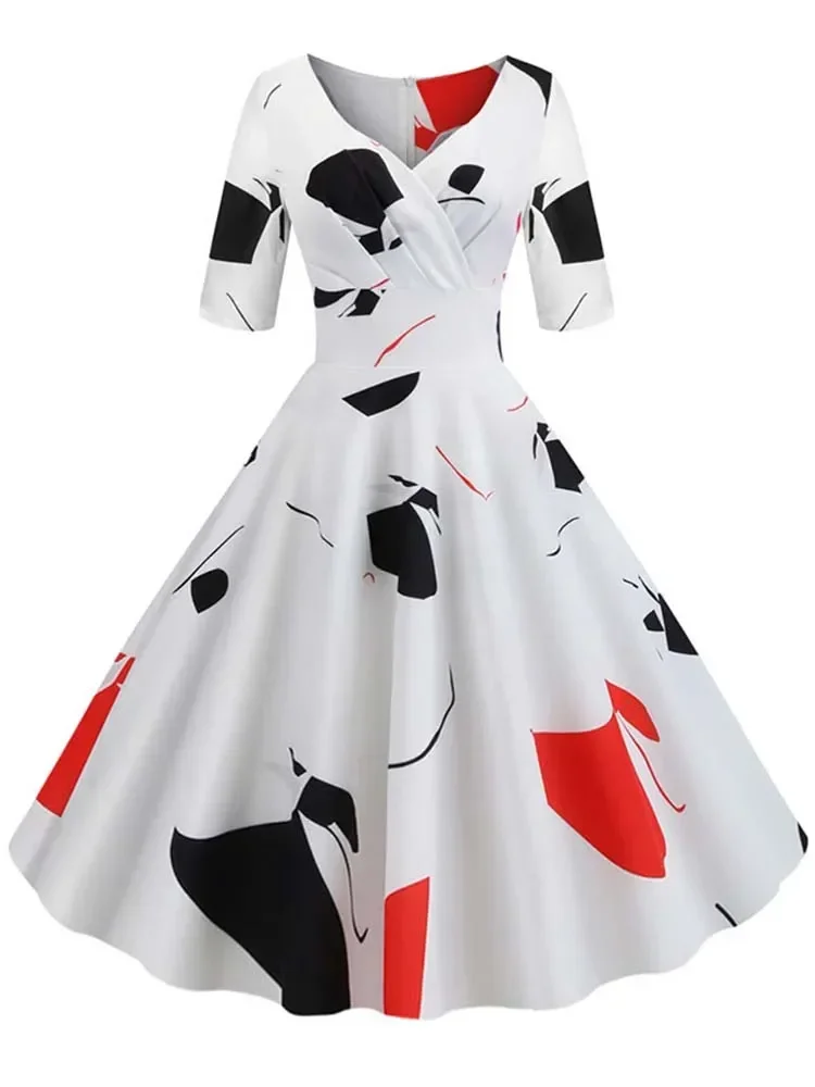 

2025 New Hepburn Vintage Half Sleeve Black Summer Women's Dress Floral Print Party Dresses Robe Casual Retro A-Line Vestidos