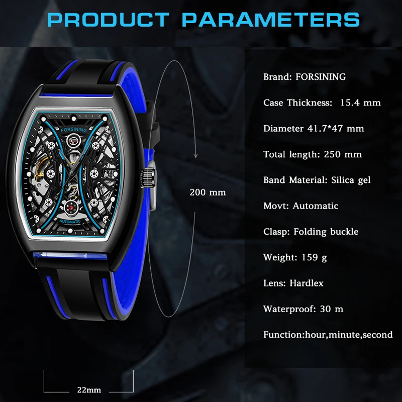 Forsining-メンズメカニカル腕時計,スケルトン,穴のあるダイヤル,防水シリコンストラップ,発光スポーツ腕時計