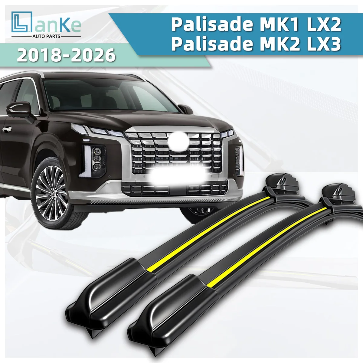 Lanke Wiper Fit For Hyundai Palisade MK1 LX2/ MK2 LX3 (2018-2026) Natural Rubber Strip Boneless Silent Front Windshield Wipers