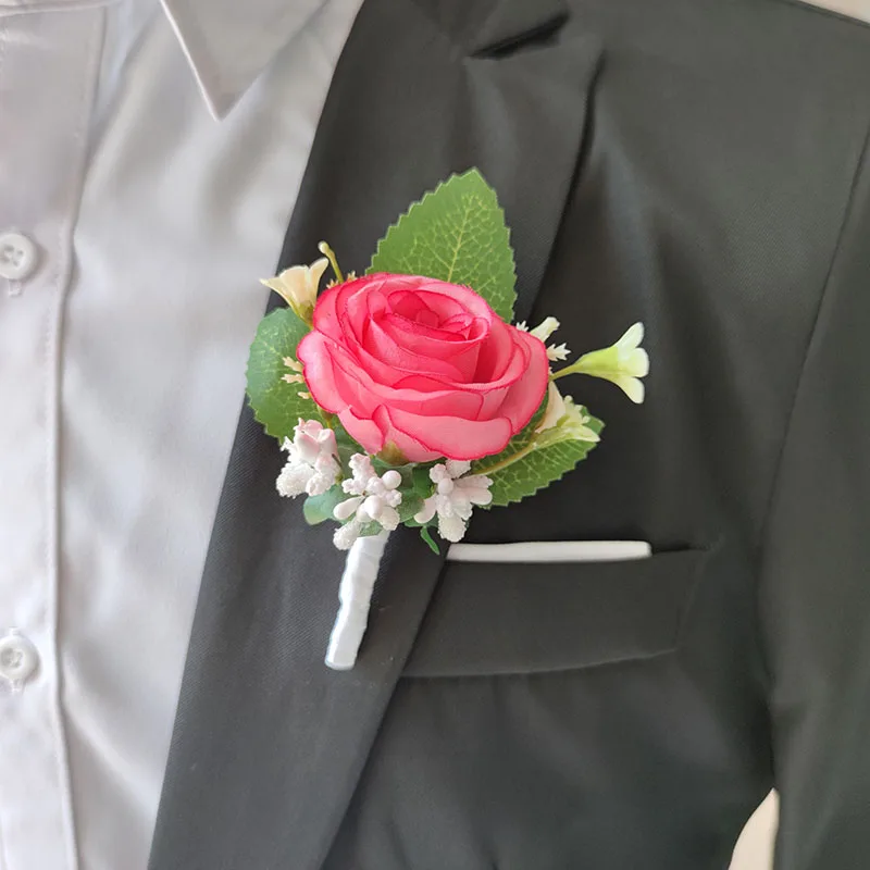 Boutonniere สร้อยข้อมือเจ้าบ่าวสำหรับเพื่อนเจ้าสาวอุปกรณ์จัดงานแต่งงานดอกกุหลาบเทียมตกแต่งงานปาร์ตี้ดอกไม้ผ้าไหม