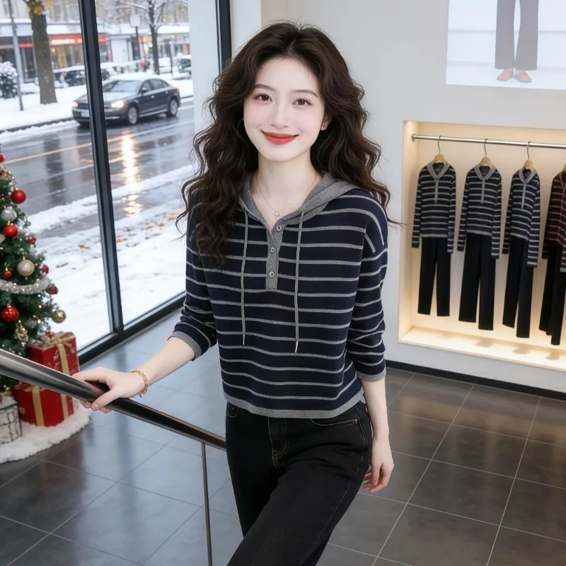 Women Striped Knit Hoodie Contrast Color Henley Collar Loose Long Sleeve Casual Basic Knit Pullover