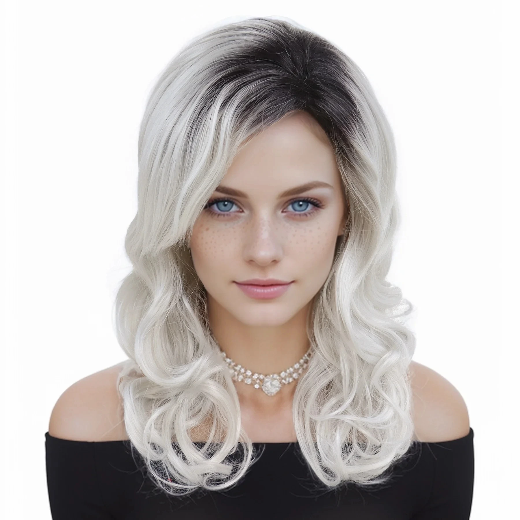 Premium Synthetic Hair Blonde Wigs for Dolls Bride of Chucky Cosplay Wig with Side Bangs Long Curly Black Roots Natural Wavy Wig