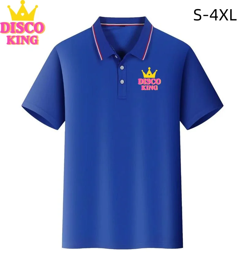 Men Short Sleeve Polo Shirt Disco King Crown Print Striped Collar Retro Party Casual Tops S-4XL
