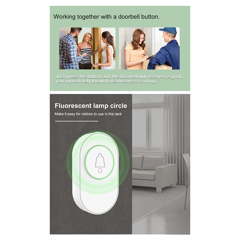 Wireless Doorbell 433MHz Waterproof Button Adjustable Volume 36 Melodies Ringtones Black Color Indicator Light Remind US-ABLA