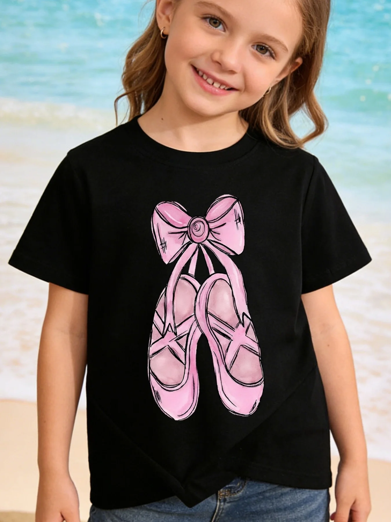 Kids Pink Ballet Shoes Bow Cute Dancer Graphic Tee Boys Girls Family Matching Short Sleeve Sweet Lovely Casual Everyday T Shirt