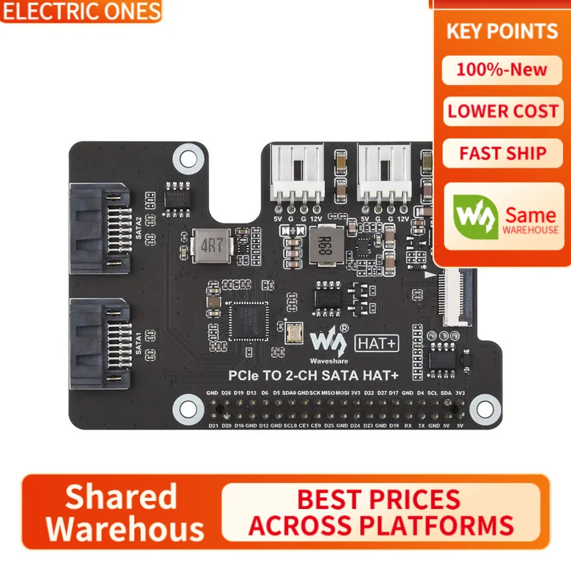 

【Waveshare genuine】- PCIe To 2-Ch SATA Adapter For Raspberry Pi 5, Supports SATA Hard Drive Protocol, Onboard Dual LED Indicator