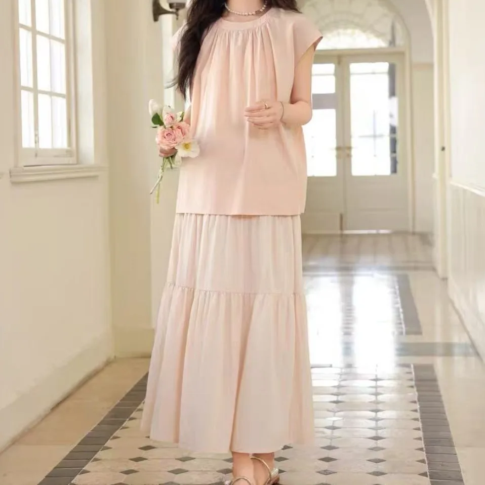 Woman Clothes Set Short Sleeve O-neck Top Drawstring Waist Skirt Maternity Skirts Suits Pink French Style Pregnant