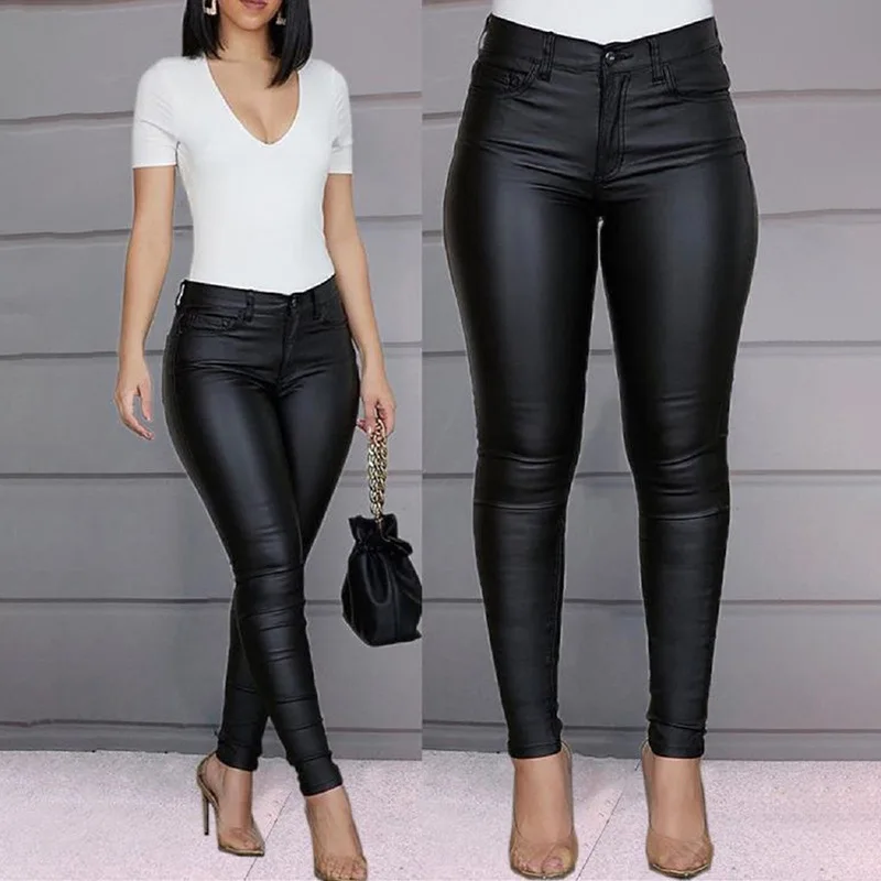 Women's Pants New Fashion Solid Color PU Leather Pants Sexy Casual Trousers for Women