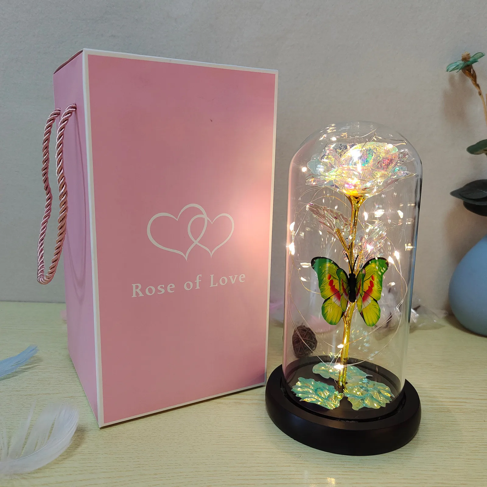 Rose Light Artificial Galaxy Rose Lamp with Butterfly and Colorful LED Rose Flowers In Glass Battery Powered Gifts for Women