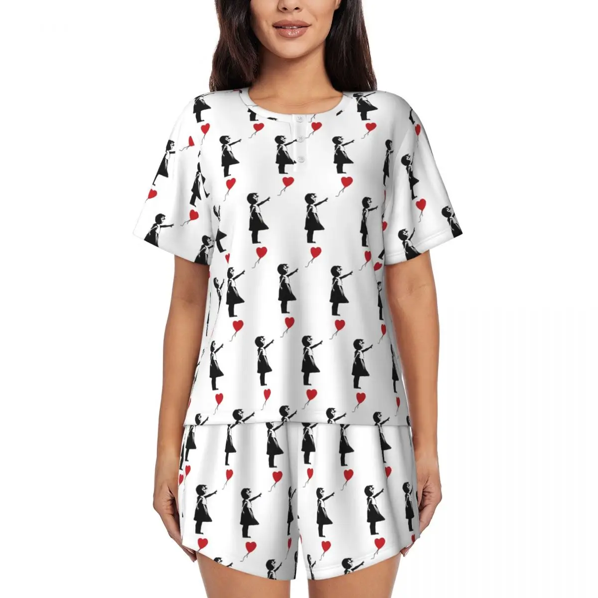 

Banksy - Girl With Balloon Round Neck Short Sleeves Nightdress for Sleeping Sleepshirts Women Loose Pajama Set Short Pants