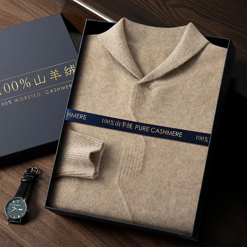 

Мужской осенне-зимний свитер из 100% кашемира, пуловер с шалевым воротником, умный повседневный трикотаж из трехцветной пряжи с длинными рукавами, одежда, топы