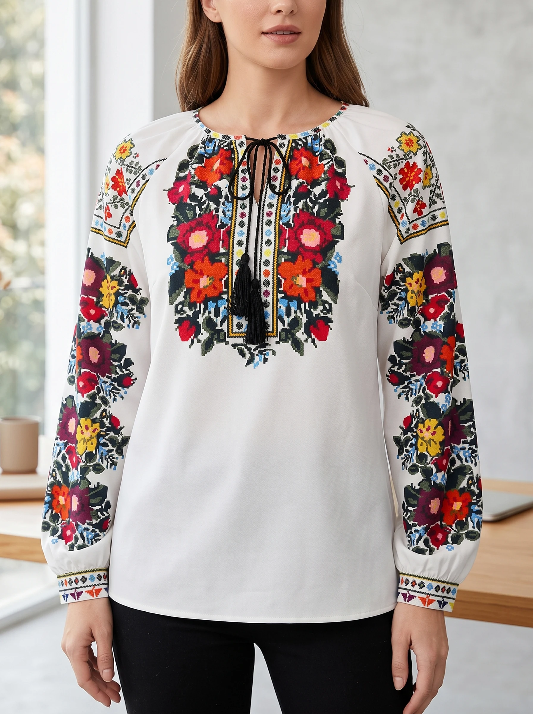 Gadinus Women's Boho Floral Print Long Sleeve Blouse Casual Relaxed Fit Tie Neck Top