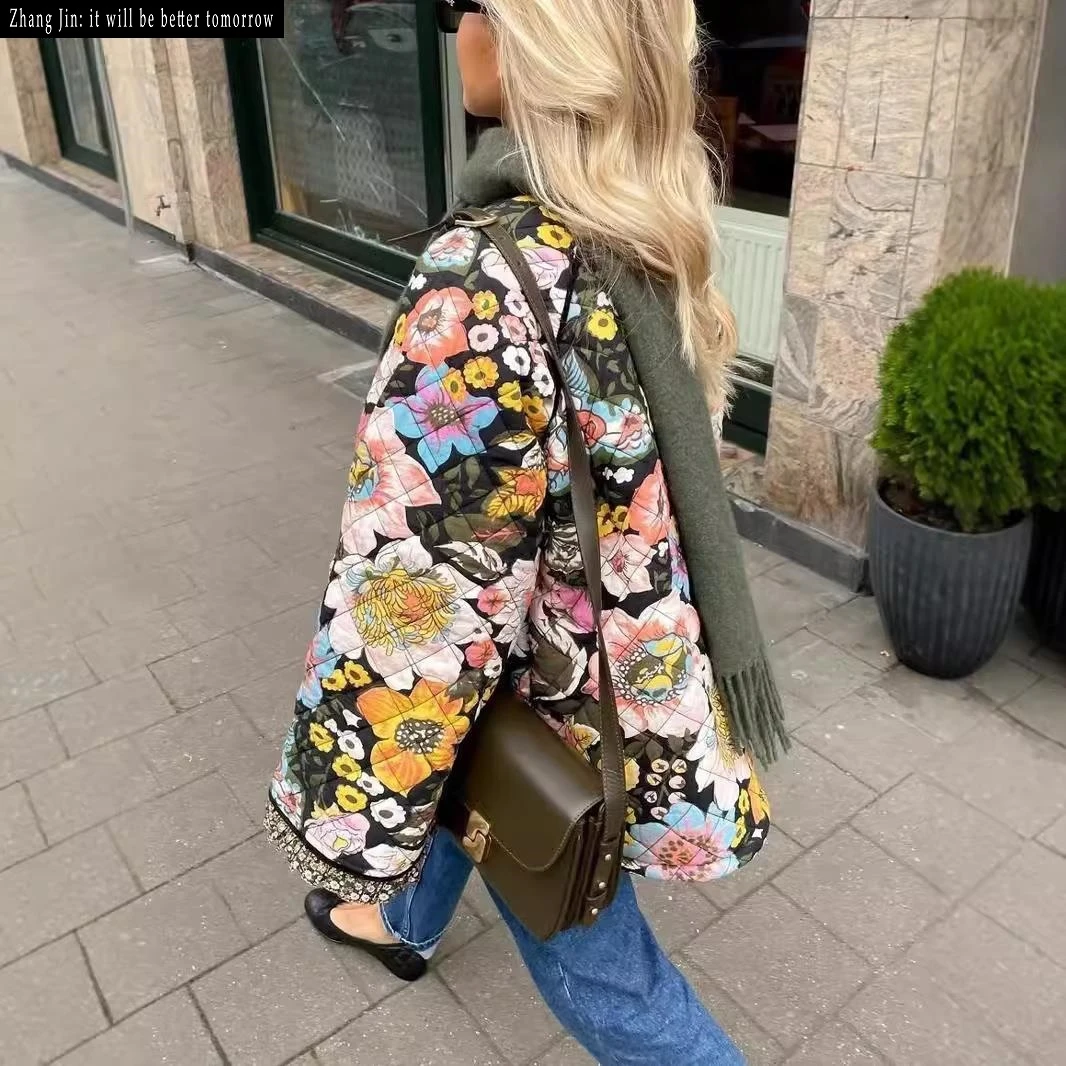 

Comfortable Cotton Wool Women's Printed Casual Coat with Flared Sves Long Sve Spring Faion Ladies' Jaet