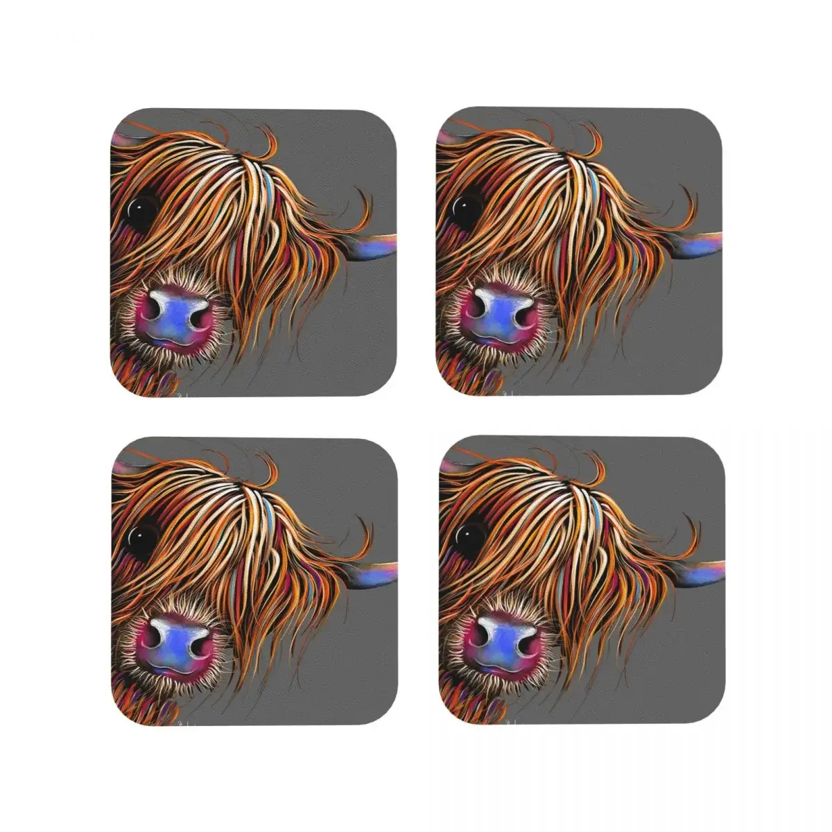 Highland Cow Print Scottish Coasters Coffee Mats Leather Placemats Mug Tableware Decoration & Accessories Pads for Home Kitchen