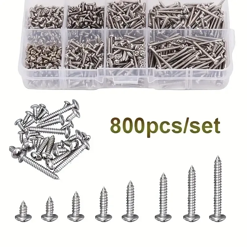 

800PCS Self Tapping Screw Combination Kit Metric M2 Carbon Steel Nickel Plated Silver Flat Head Round Head Self Tapping Screws