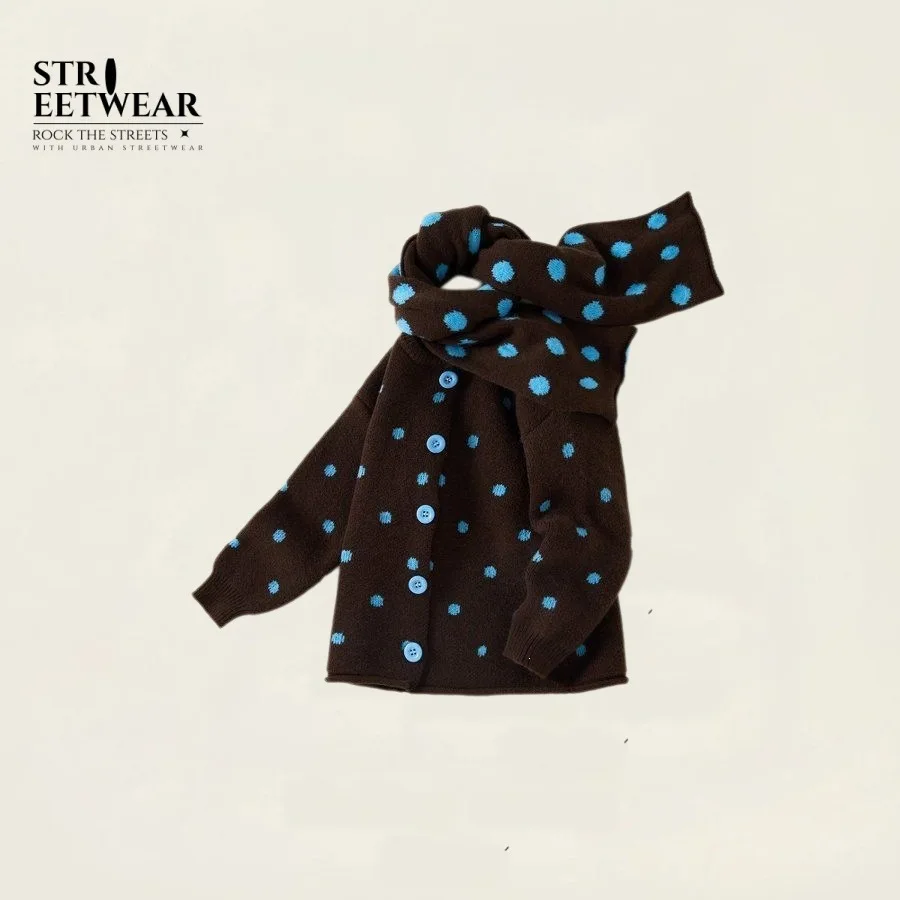 2026 Autumn Winter New Girls' Korean Retro Polka Dot Children's Casual Knitted Sweater Top with Scarf Included