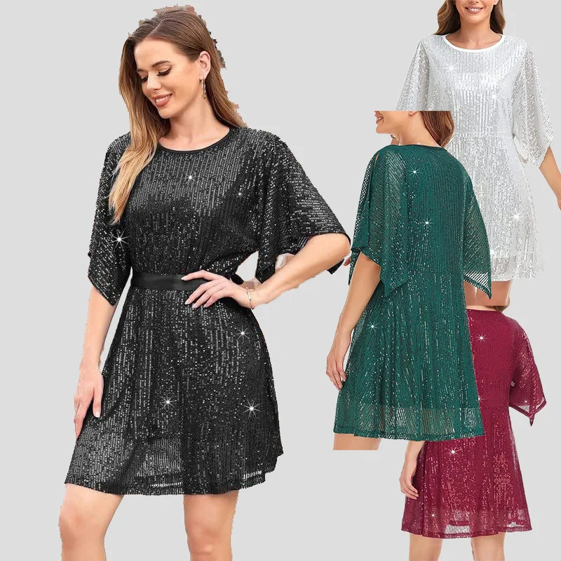 

Women's Sequin Loose Dress Party Slit Sleeves Casual Loose Mini Short Dress Solid Color Temperament Commuter A-line Skirt