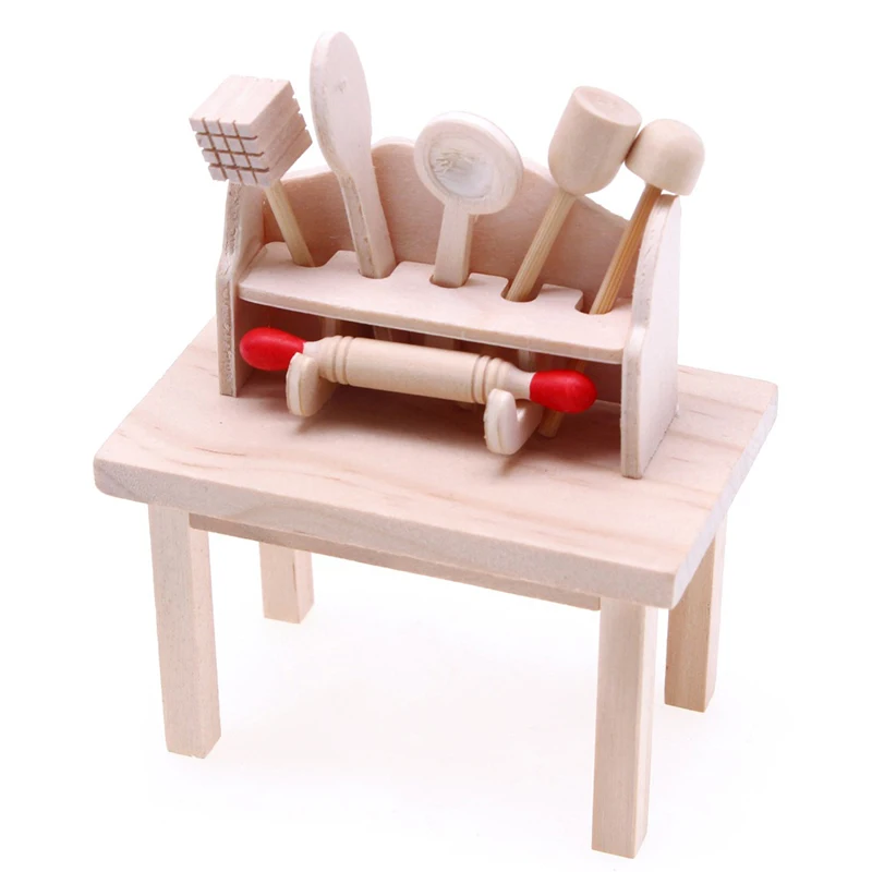 Miniatura Panelas Rolling Pin com Armazenamento Rack, Doll House Decor Acessórios, Utensílios De Cozinha Modelo, Dollhouse, 1 Conjunto