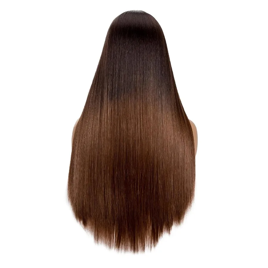 Langes Haar, gerade Perücken mit Pony für Frauen in dunklen Wurzeln, Ombre-Braun, Kunsthaar, natürlich, modisch, seidig, weich, Remy-Faser, Hea