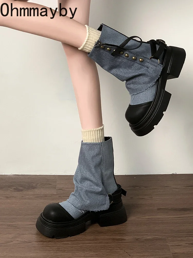 Designer Women Chunky Denim Short Boots Fashion Platform Heel Pants Booties Ladies Comfort Women\'s Footwear