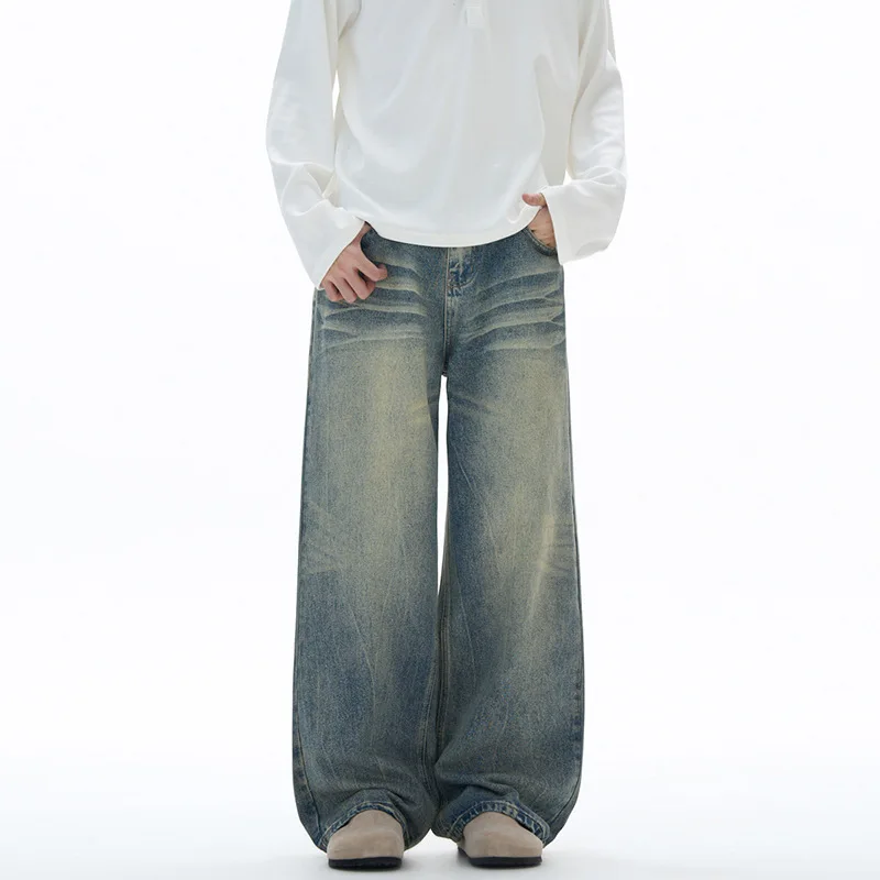 WTHT موضة الرجال التدرج تفعل القديم شارع العليا الدنيم السراويل خمر النمط الأمريكي واسعة الساق فضفاض الجينز الذكور 2025 الخريف 2A2322 #3