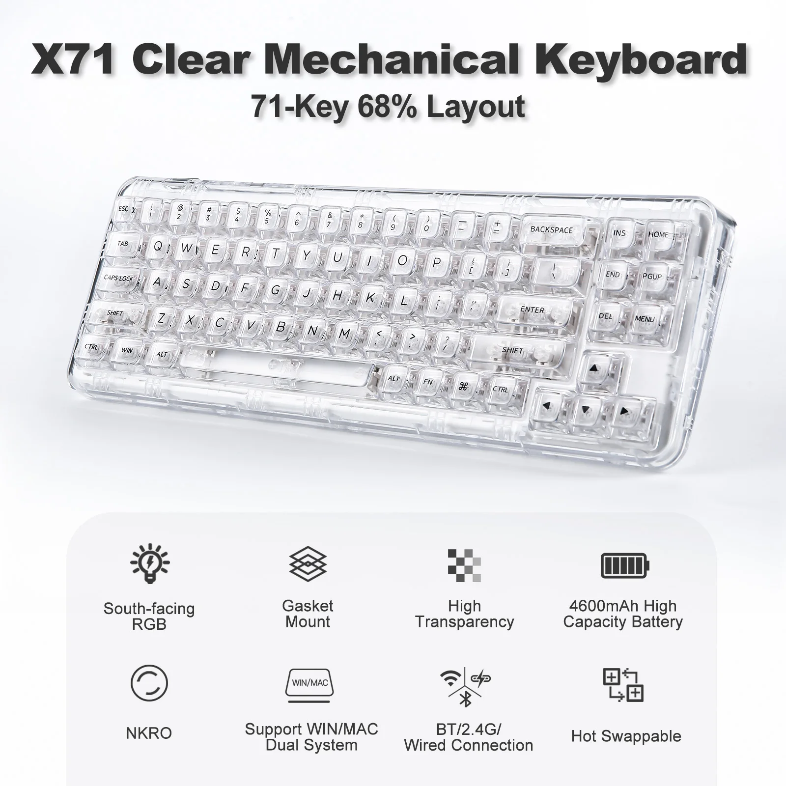 YUNZII X71 White 68% Layout Wireless BT/2.4G/USB-C Gasket Hot-Swap Transparent RGB Mechanical Gaming Keyboard with Clear Keycaps