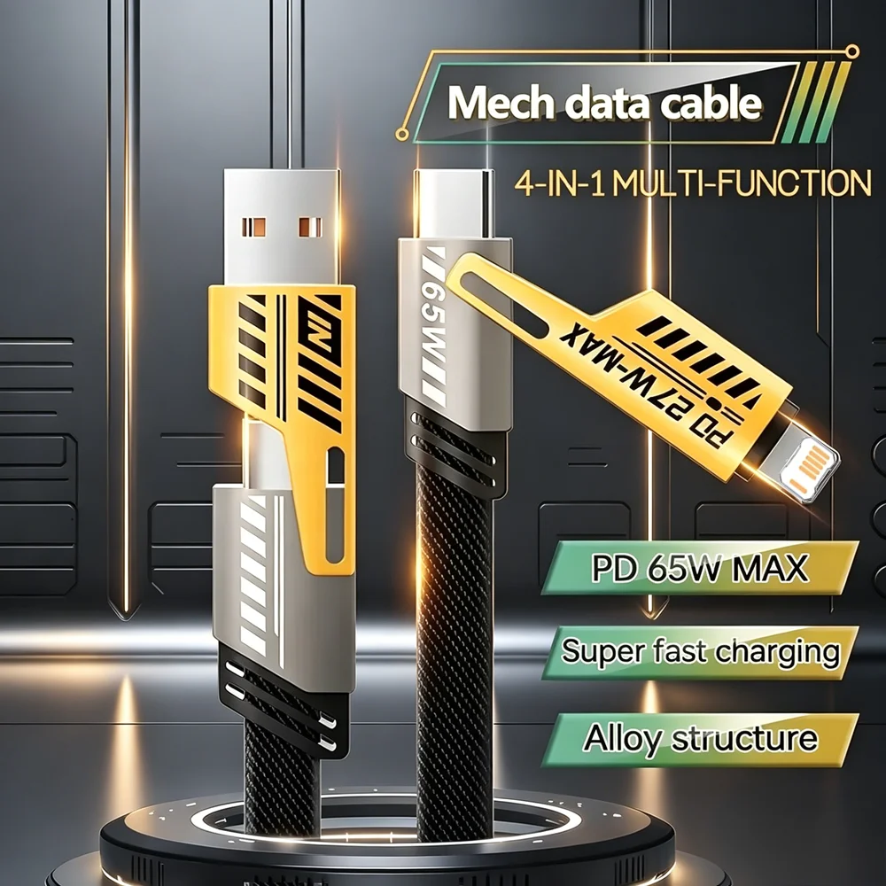 4 in 1 Multi-Function 65W PD USB C Fast Charging Type C Cable For iPhone X 13 14 15 16 17 Samsung Xiaomi Redmi POCO Huawei Honor