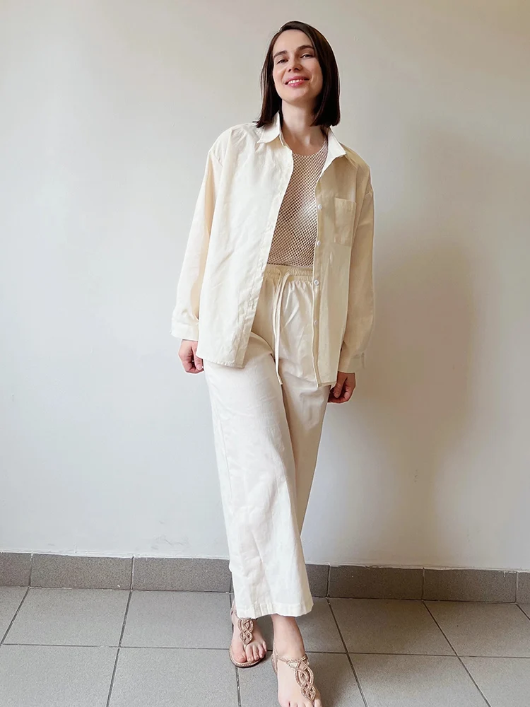 Streamgirl Linen Pants Sets For Women Summer Suits Pink Two Piece Trouser Women's Suit Sets Linen Shirt Set Oversize Outfit Suit