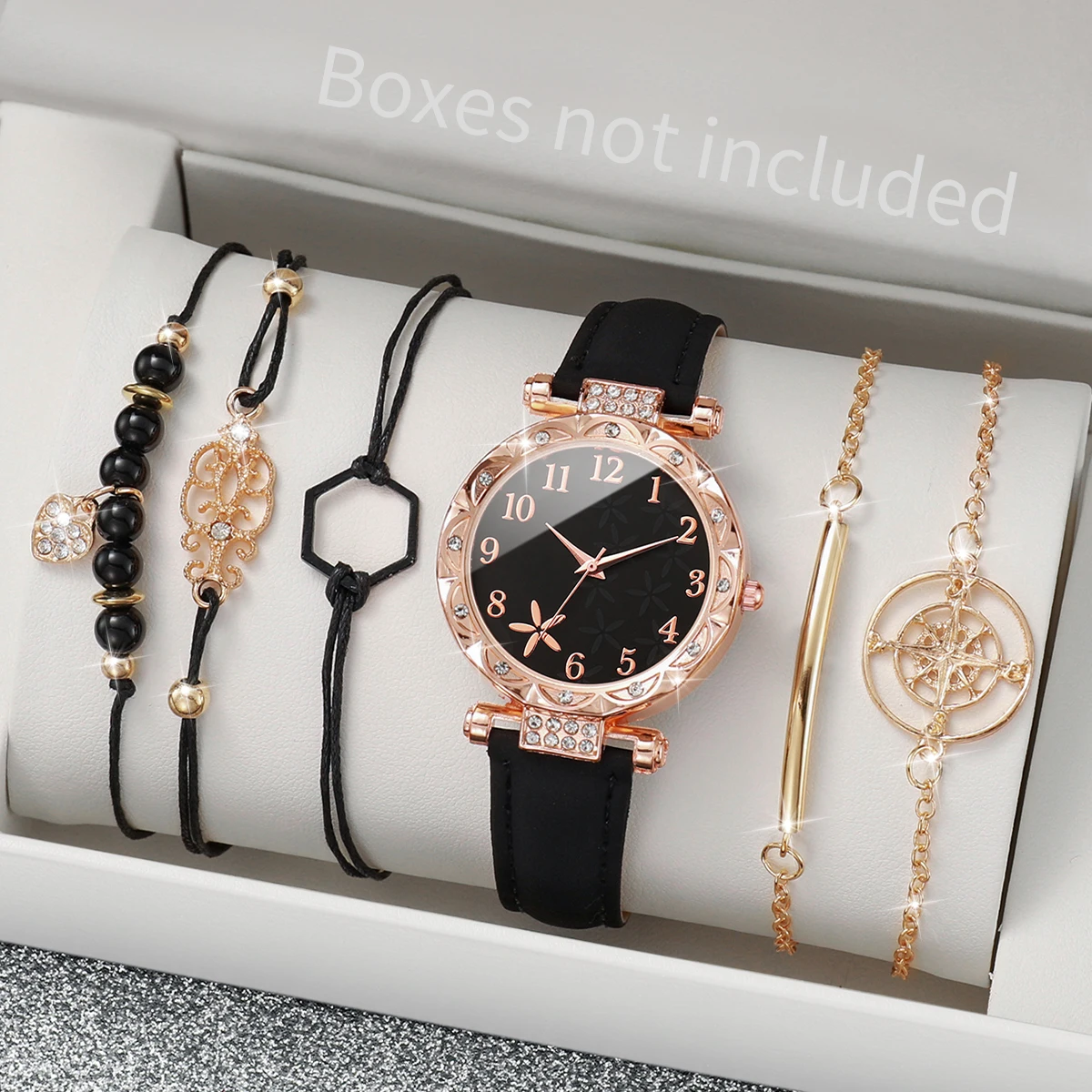 6PCS/Set Women's Watch Fashion Flower Rhinestone Quartz Watch Analog Leather Band Wrist Watch Bracelets Set(Without Box)