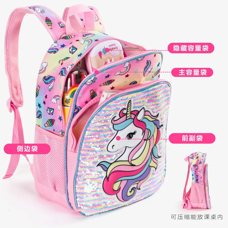 Girls Backpack 3 Piece Set Primary School Student School Bag Insulated Lunch Bag and Pencil Case Unicorn Sequin