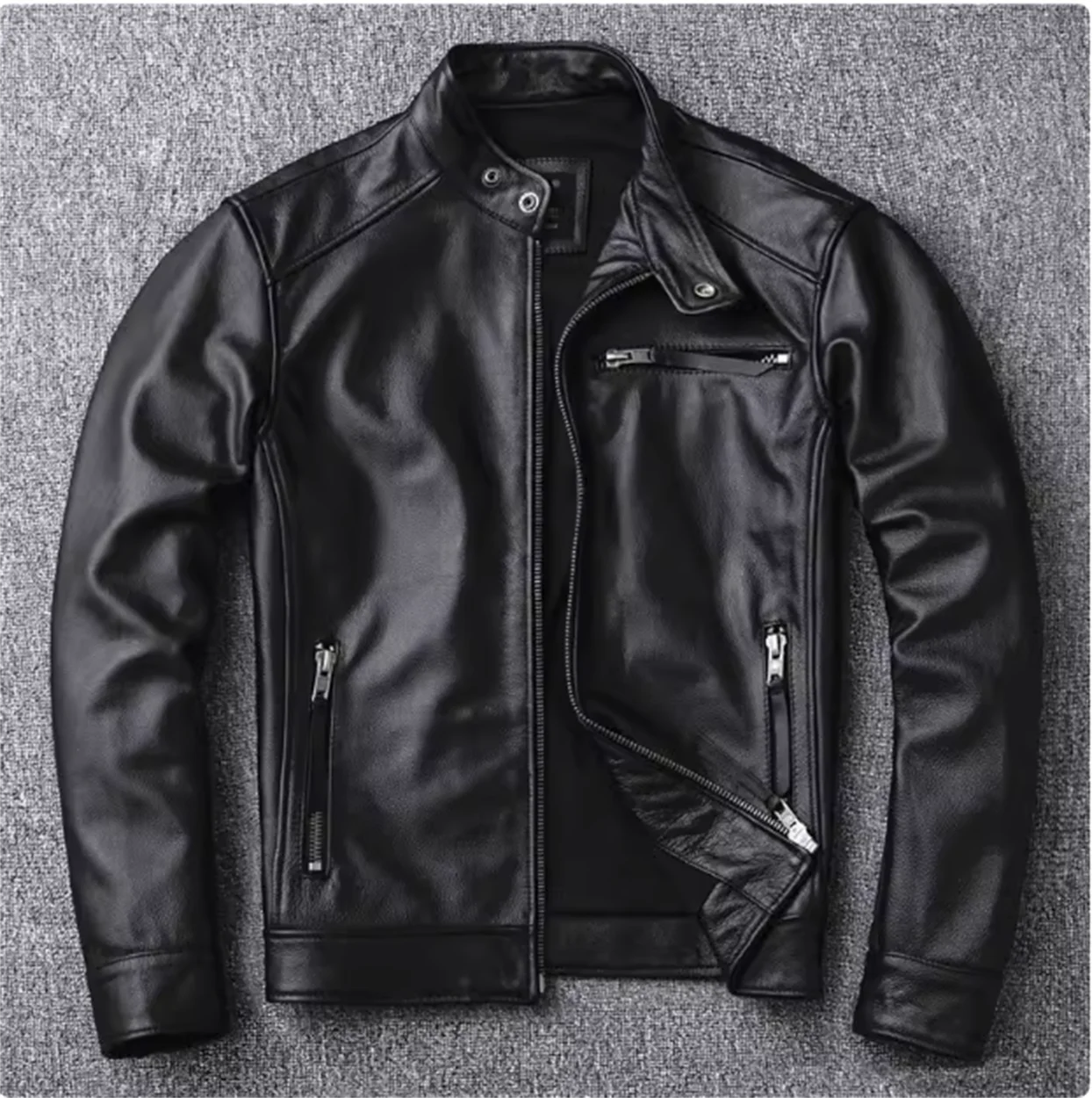 

Men's short and handsome standing collar jacket with genuine leather jacket