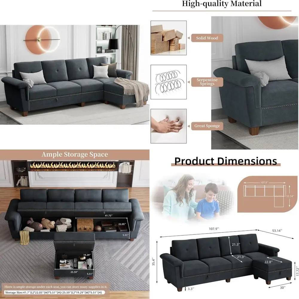 

108 Модульный секционный диван, L-образный диван с подвижным пуфиком, 4-местная мебель для гостиной и офиса