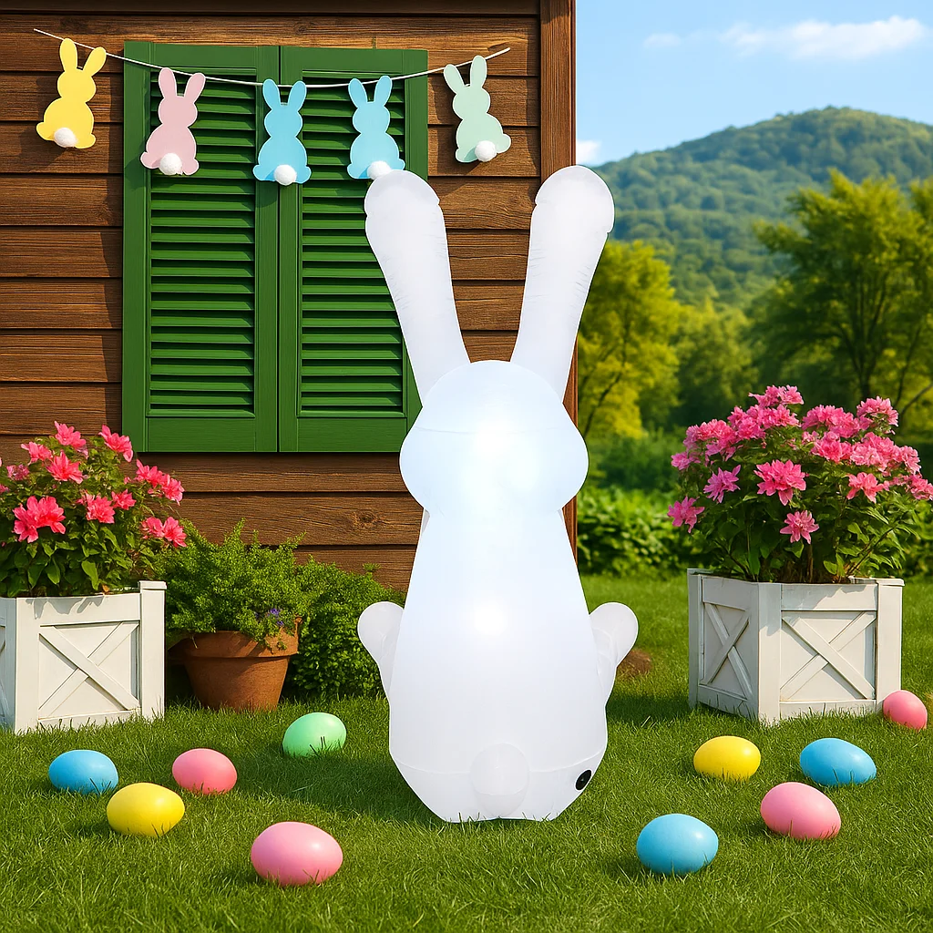 1.5M/5FT Happy Easter Opblaasbaar Speelgoed Knuffel Gezicht Konijn met Ei Outdoor Yard Tuin Infatable Model Ornamenten Huizen decor Gift