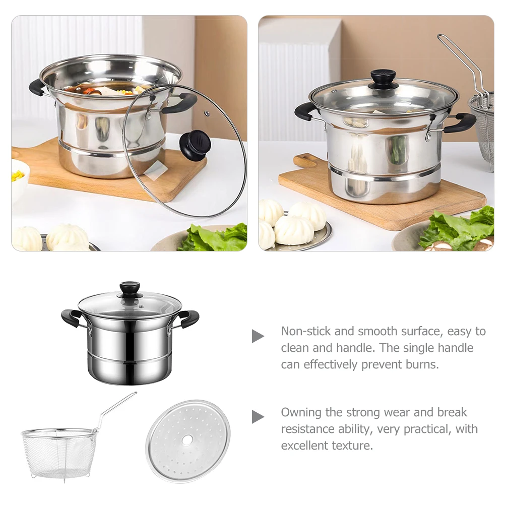 1 Set Edelstahl Suppentopf Suppentopf Fritteuse Topf mit Korb Antihaft-Oberfläche Tragbare Einhand-Milch-Nudeln