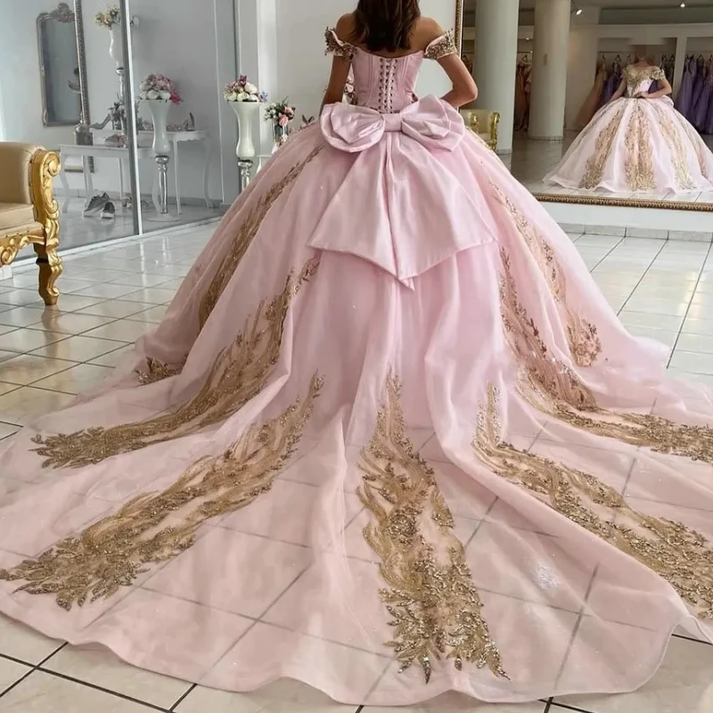 Customized Mexican Vestido De xv Anos Off Shoulder Beads Applique Bow Big Puffy Sweet 15 16 Year Girl Birthday Party Quinceanera