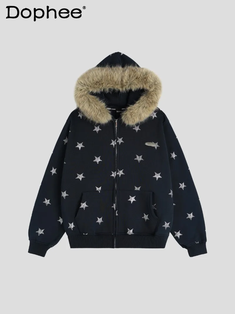 American Retro Fashion Trend Star Print Fleece Hoodie Loose Casual Zipper Jacket Unisex
