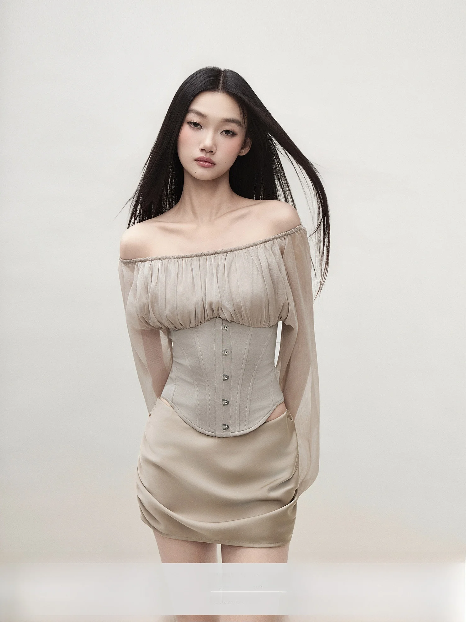 

Matin Casual Style Long Sleeve T-Shirt Shoulder Bared Waist Cinched Fishbone Splicing Button up Top Women's Fashion