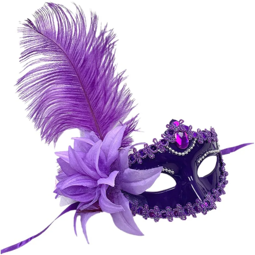 Masque de mascarade latéral orné de fleurs, masque vénitien en plastique avec strass, masque de fête vintage à plumes, pour célébrations de Noël