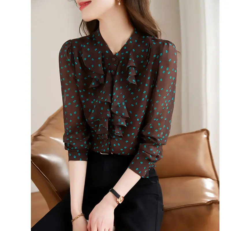 Women French Style Ruffles Floral Printed Shirts Office Lady Elegant Fashion Chiffon Blouses Casual Long Sleeve Loose Tops Blusa