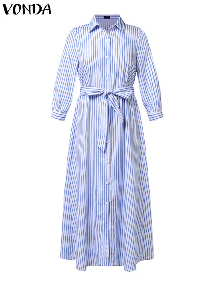 VONDA 2024 Autumn Women Stripe Dress Bohemian Maxi Long Vestidos Lapel 3/4 Sleeve Casual Buttons Printed Loose Shirt Sundress