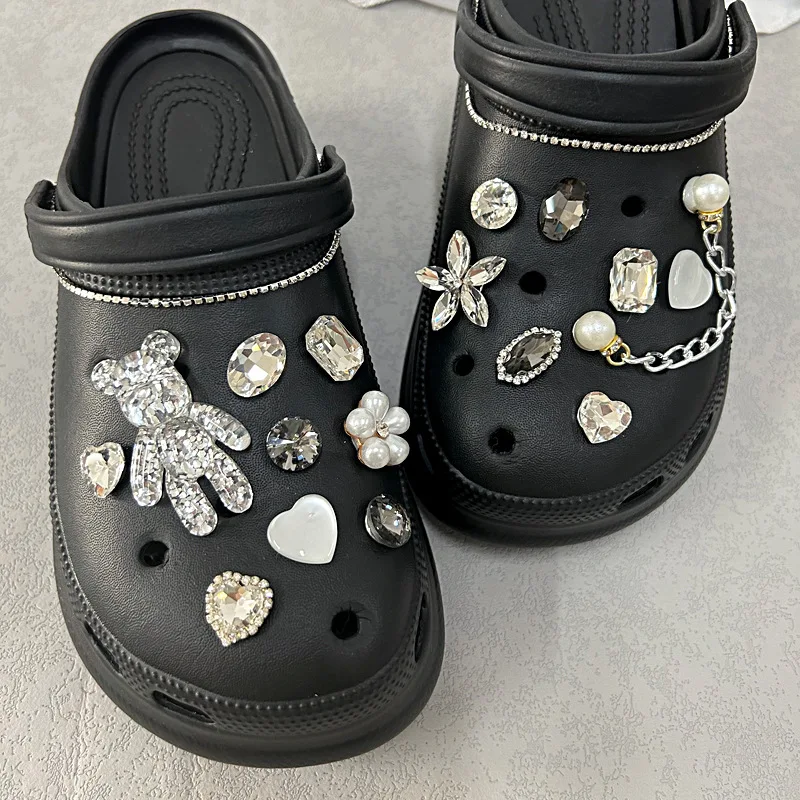 19PCS Fashion Shoe Charms Set Accessories Hole Shoe Buckle Shiny Bear Diamond Pearl Silver Chain DIY 3D Shoes Decorations image 6