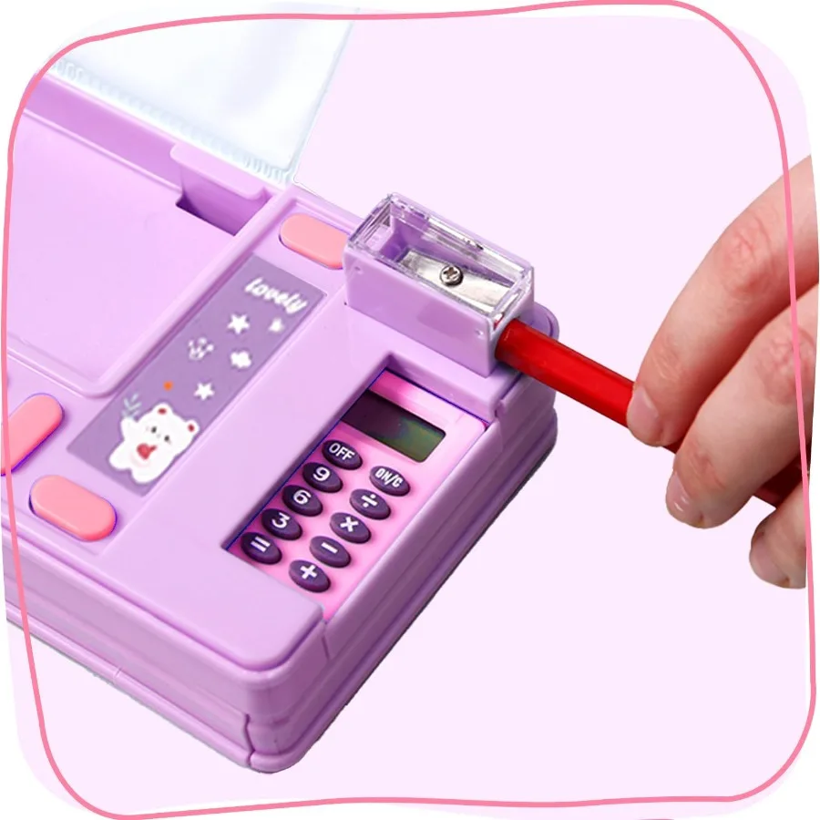 Multifunction Pencil Case with Calculator Pencil Sharpener and Curriculum Storage Cute Patterns Designed for Elementary School