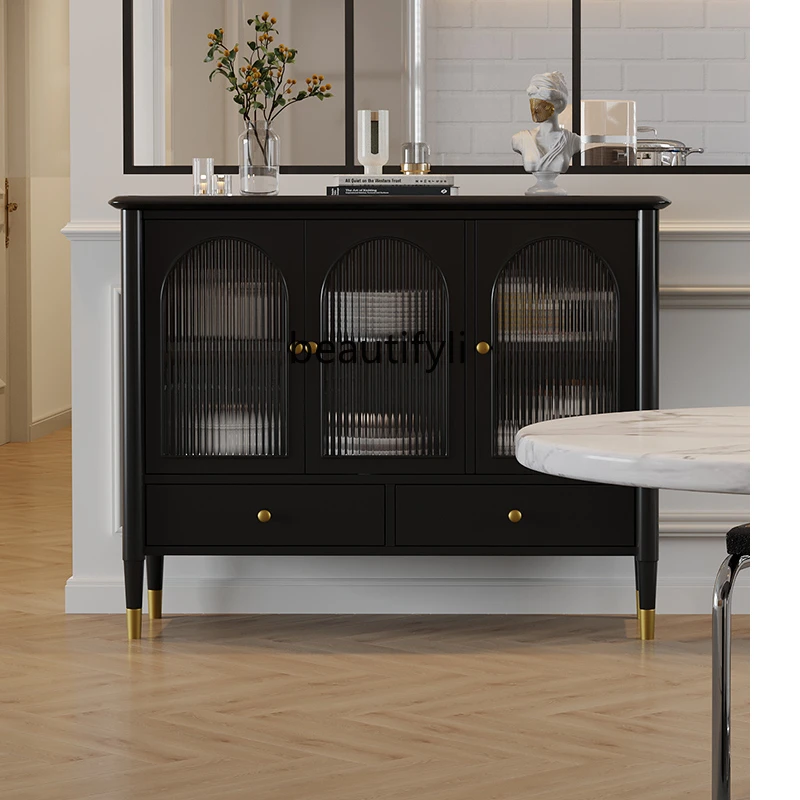 

French Retro Sideboard Cabinet Solid Wood Storage Side Cabinet Changhong Glass Black Tea Cabinet